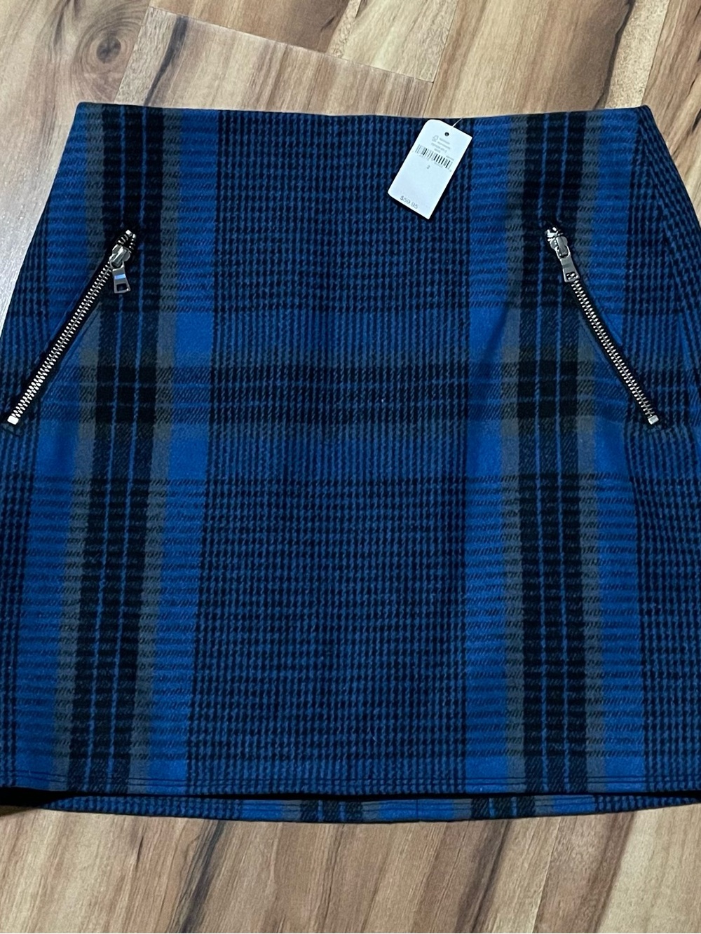 GAP Preppy Dark Academia Blue Plaid Wool Mini Skirt Size 2 Zip Accent NWT